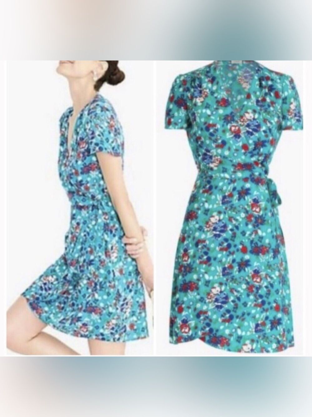 J CREW Teal Green Floral Print Crepe Wrap Dress sz 4